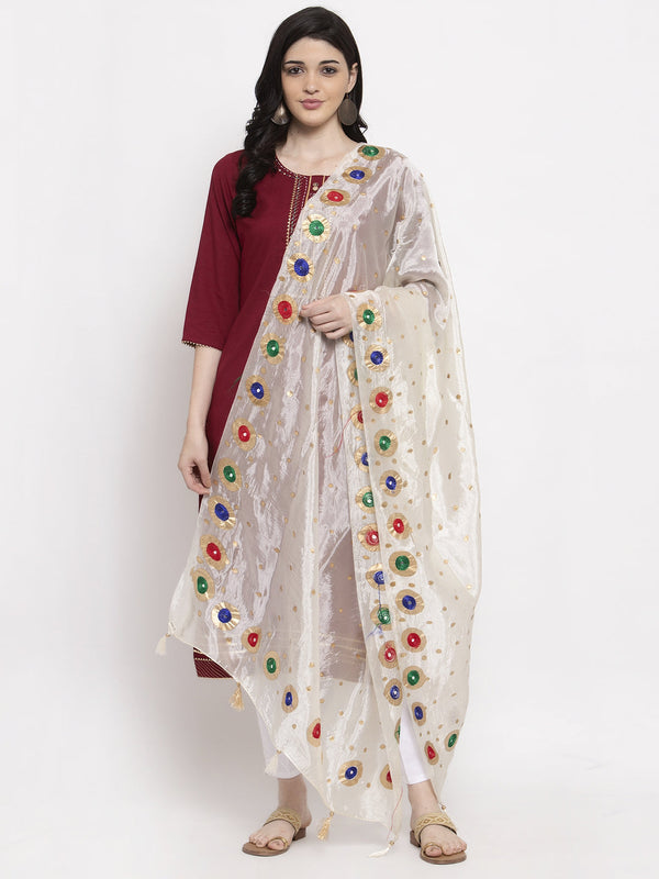 Women's Cream Printed Poly Silk Dupatta - Wahe-NOOR