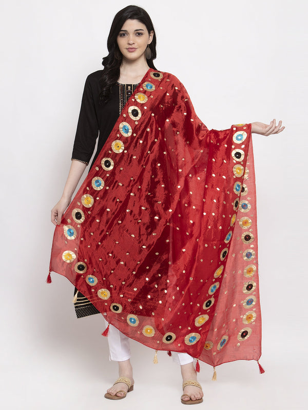 Women's Red Printed Poly Silk Dupatta - Wahe-NOOR