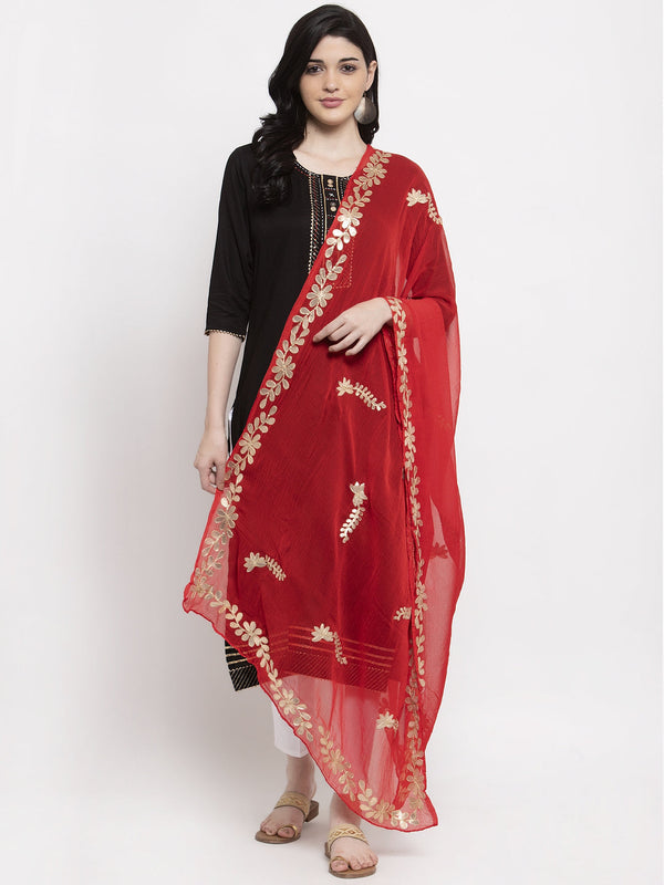 Women's Red Gotta Patti Chiffon Dupatta - Wahe-NOOR