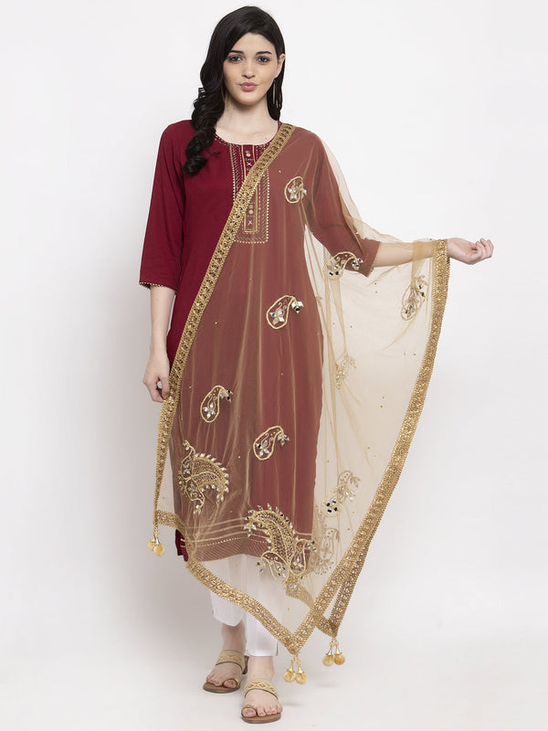 Women's Golden Heavy Mirror Work Net Dupatta - Wahe-NOOR