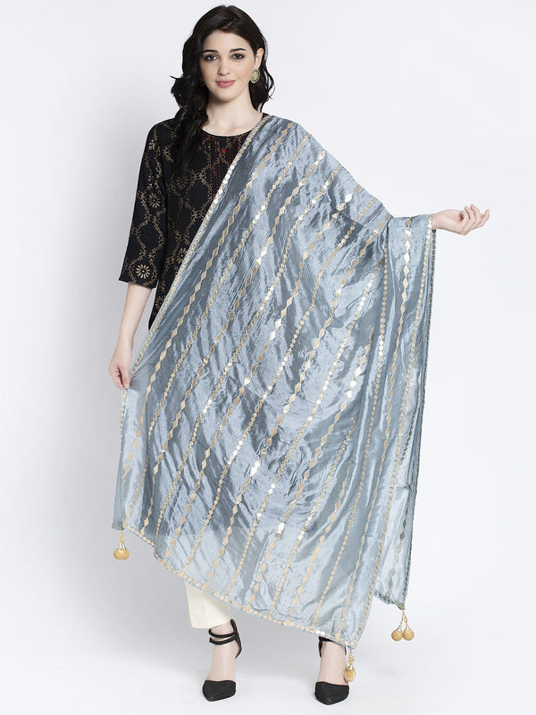 Women's Grey Gotta Patti Poly Silk Dupatta - Wahe-NOOR