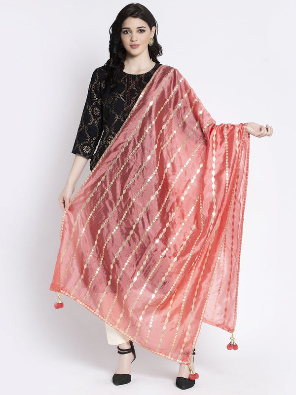 Women's Peach Gotta Patti Poly Silk Dupatta - Wahe-NOOR