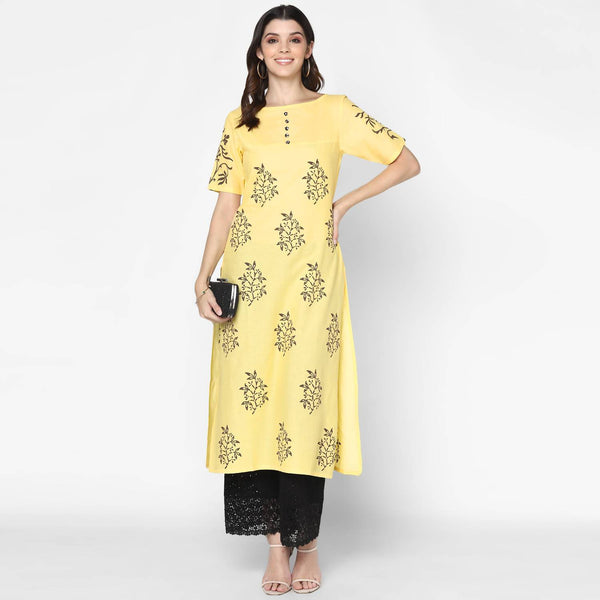 Women's Pale Yellow & Black Cotton Hand Block Print Straight Kurta With Palazzo Set - Cheera