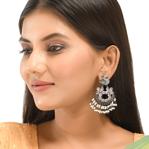 Women's Antique Elegance Faux Pearls And Kundan Adorned Brass Silver Plated Ethnic Earrings - Voylla