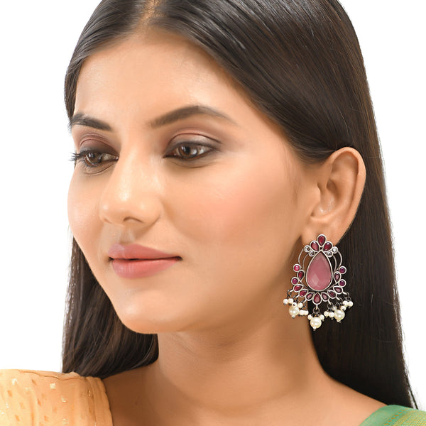 Women's Antique Elegance Pink Teardrop Faux Kundan And Pearls Brass Silver Plated Earrings - Voylla