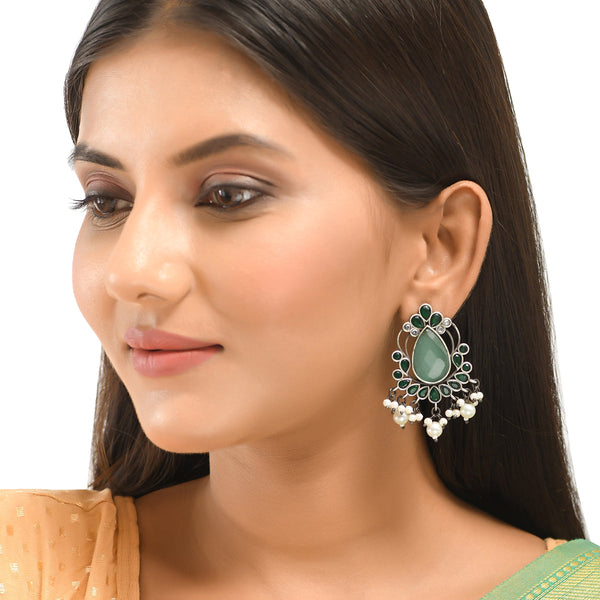 Women's Antique Elegance Teardrop Faux Kundan And Pearls Brass Oxidised Silver Plated Earrings - Voylla