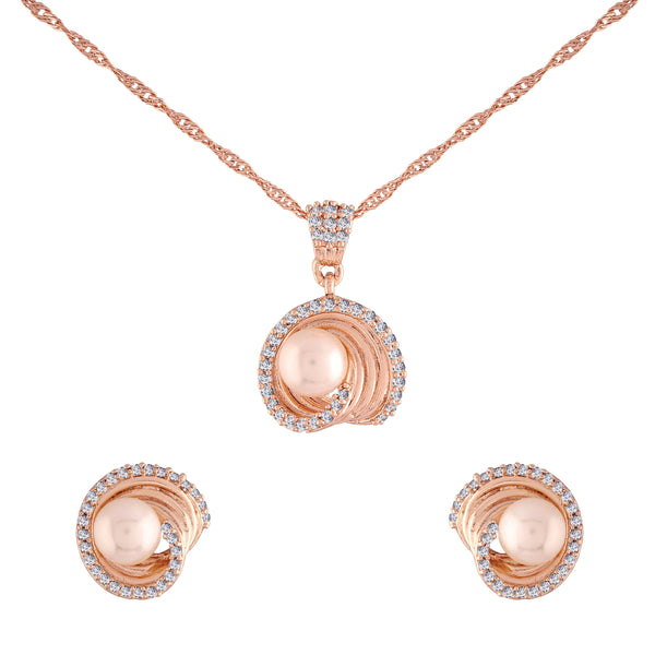 Women's 18k Rose Gold Plated Pearl & Cubic Zirconia Twisted Pendant Necklace Set with Earrings - I Jewels