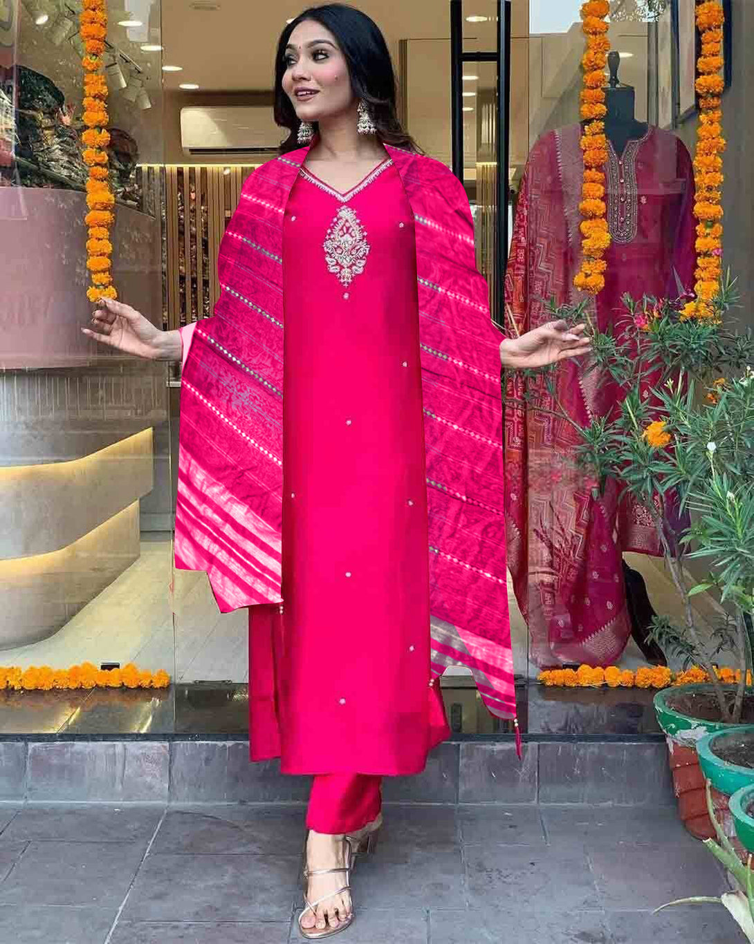 Women's Pink Viscose Rayon Print With Embroidery Lace Kurta Set - Manohara