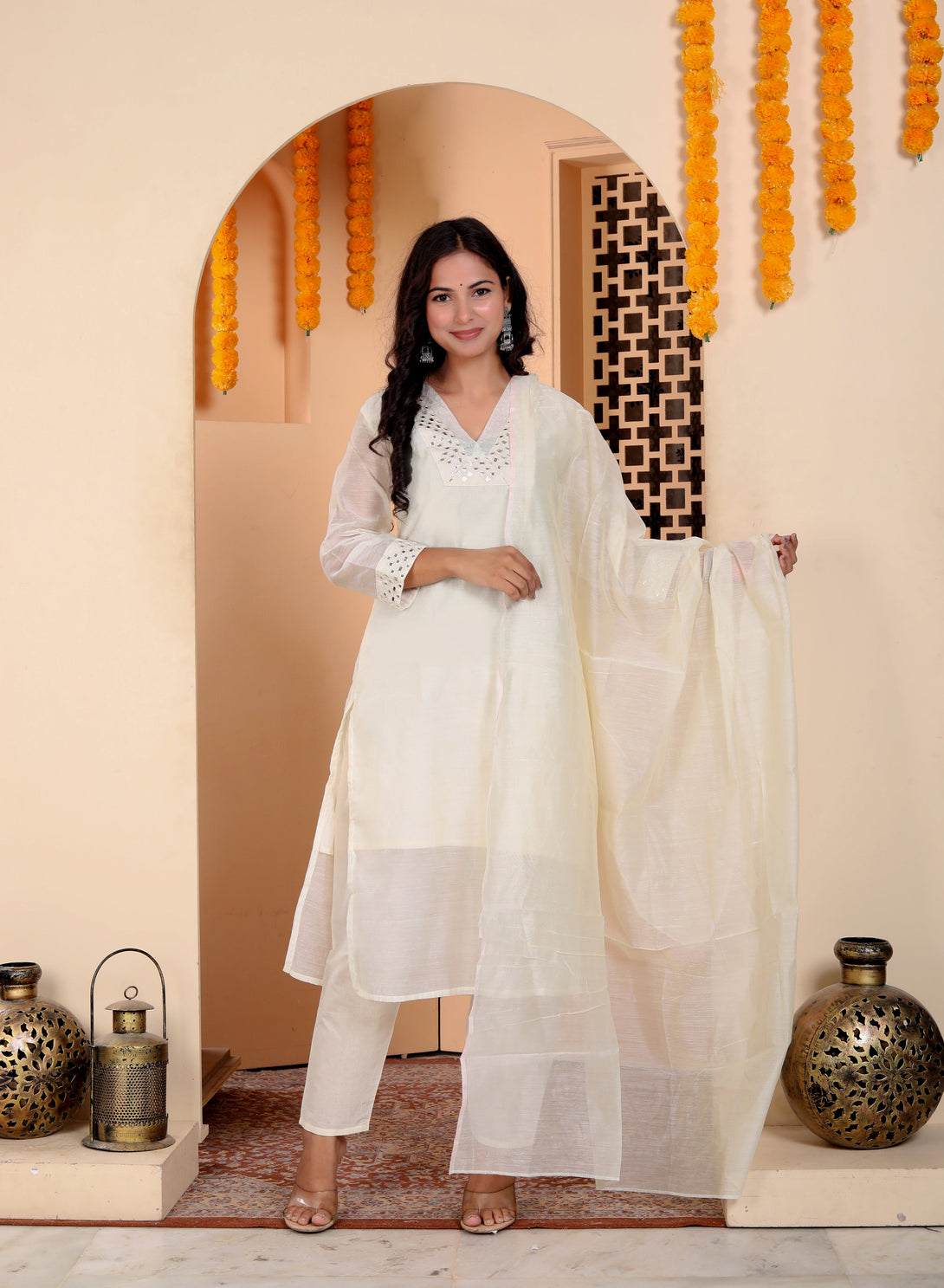 Women's Cream Colour V Neck Embroidered Chanderi Kurta With Palazzo And Dupatta Set - Miravan