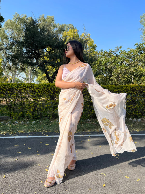 Women's Cream Foil Printed Saree - VAMSEE