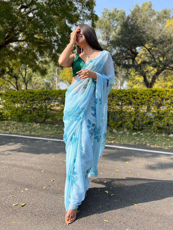 Women's Skyblue Foil Printed Saree - VAMSEE