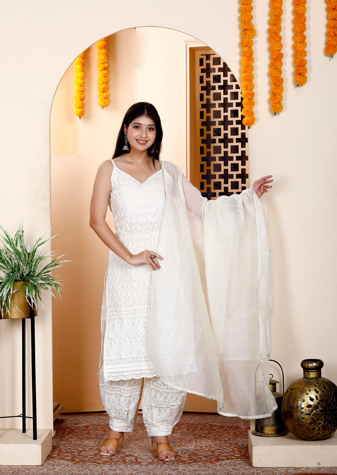 Women's Cream Chikan Embroidered Kurta With Patiala And Dupatta Set - Miravan