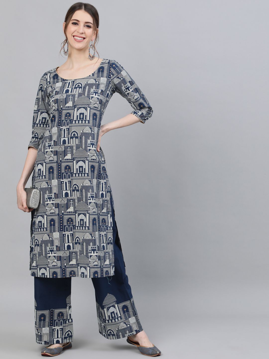 Women's Blue Hawa mahal Printed Straight Kurta With Palazzo Set - AKS