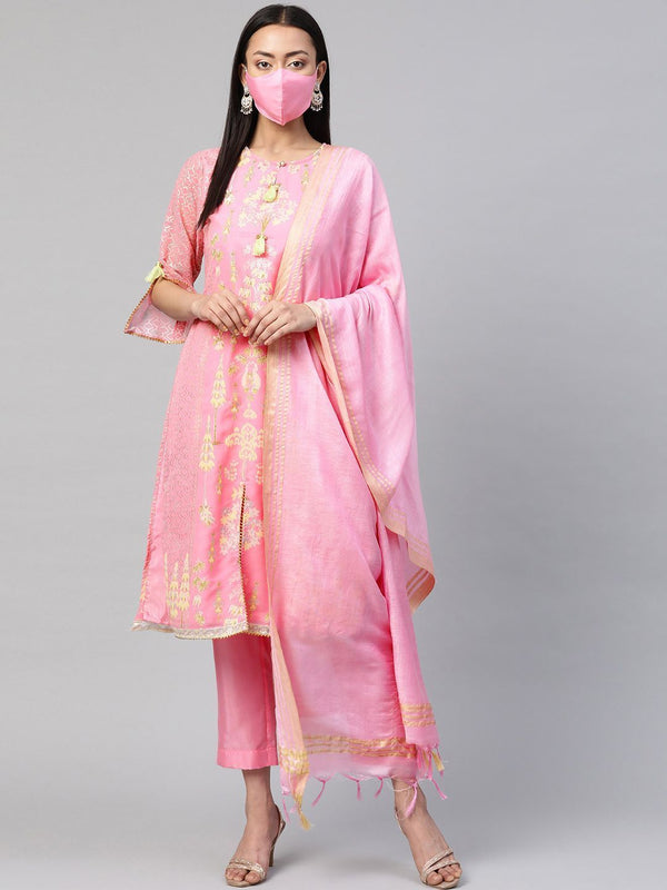 Women's Pink A-Line Printed Kurta Pant & Dupatta Set with Mask - Juniper