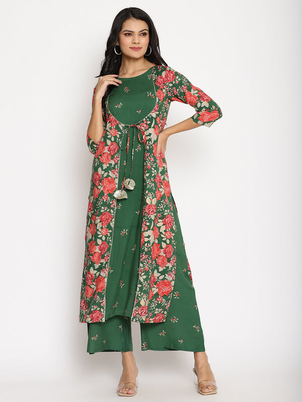 Women's Green Rayon Printed Kurta Palazzo Set- Ahalyaa