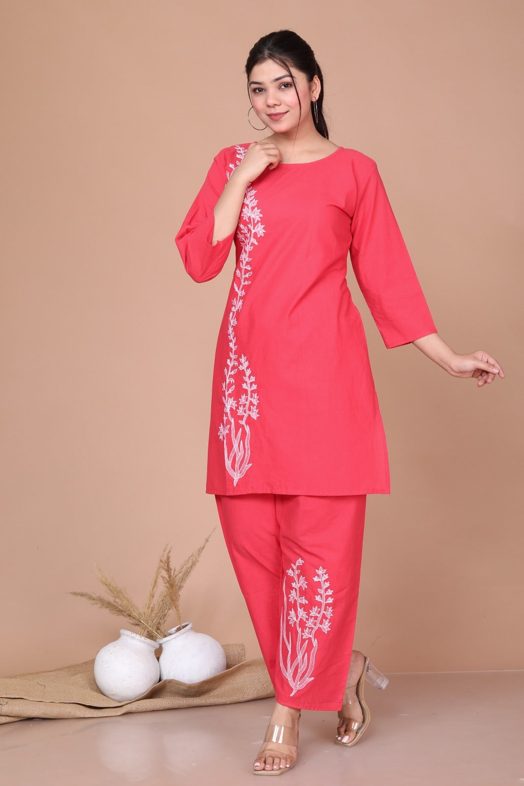 Women'S Red Colour Printed Cotton Co-Ord Set - Miravan