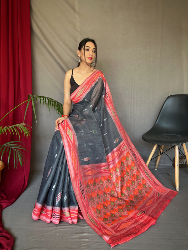 Women's Cotton Ikat Woven Saree Black - Tasarika