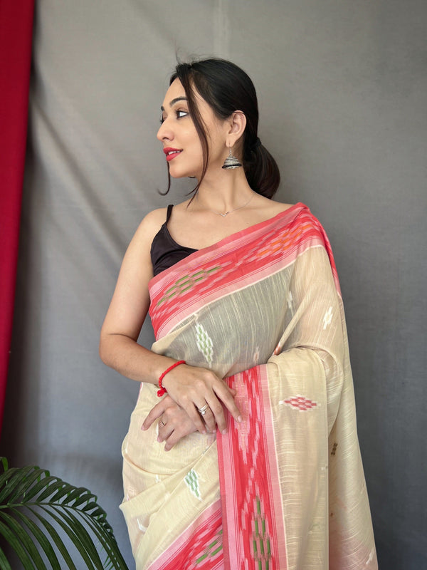 Women's Cotton Ikat Woven Saree Cream - Tasarika