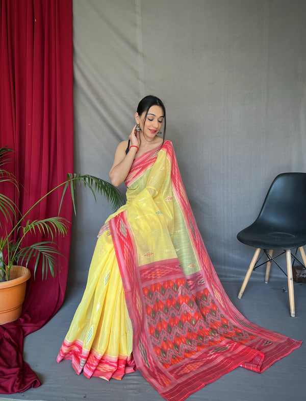 Women's Cotton Ikat Woven Saree Yellow - Tasarika