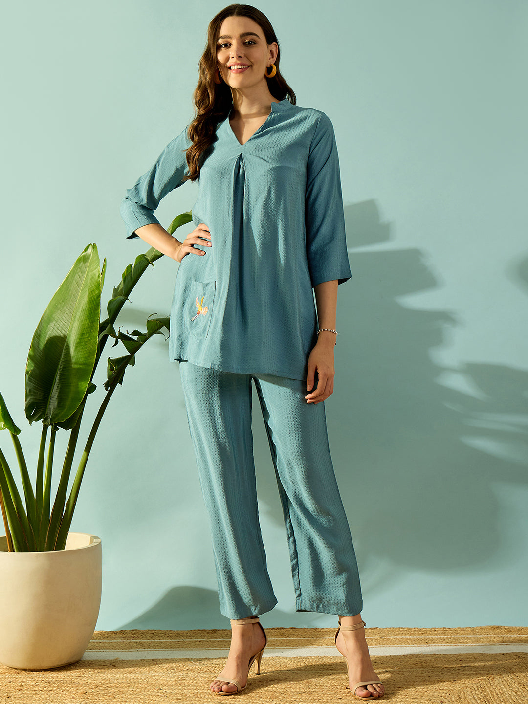 Women's Turquoise Viscose Solid Co-Ord Set - The Kaftan Company