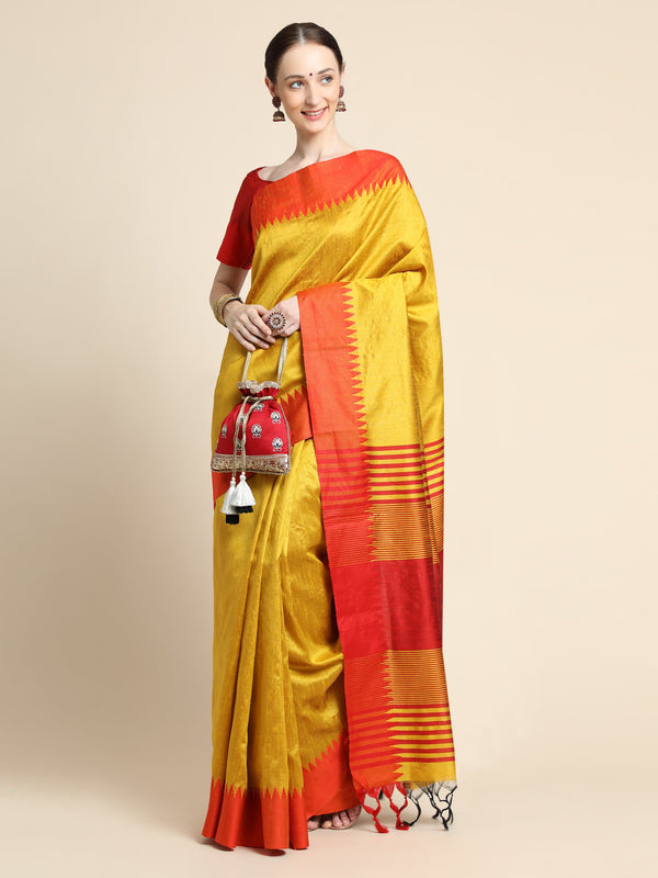 Women's Yellow Temple Border Banglori Raw Silk Saree With Tassels - Vishnu Weaves