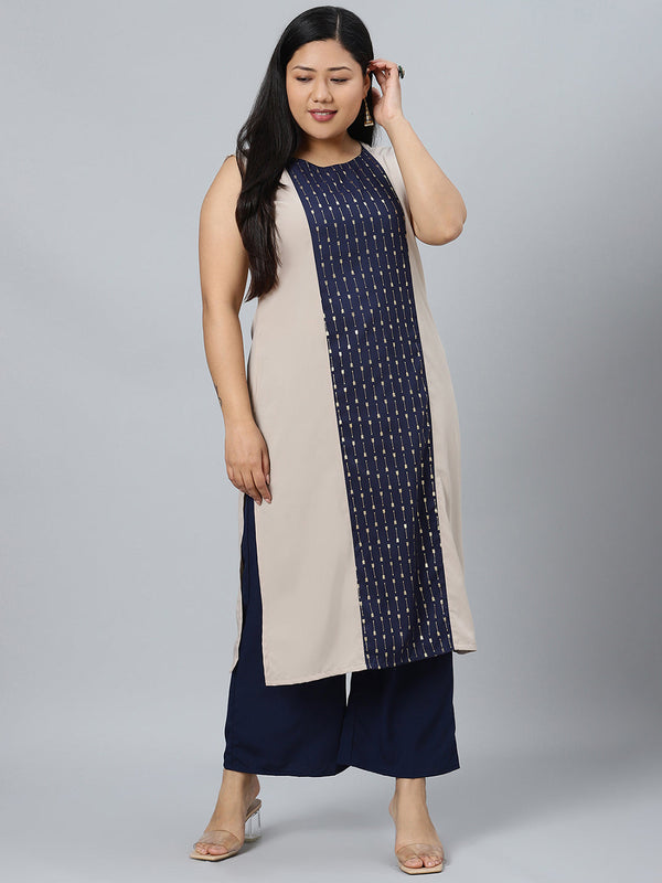 Women Beige Straight Crepe Kurta With Palazzo by Ziyaa (2pcs Set)