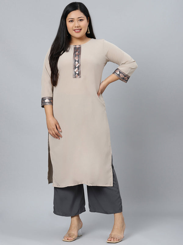 Women Beige Crepe Kurta With Palazzo by Ziyaa (2pcs Set)