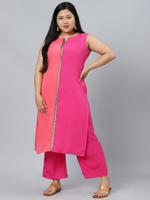 Women's Pink Crepe Straight Kurta With Palazzo by Ziyaa (2pcs Set)