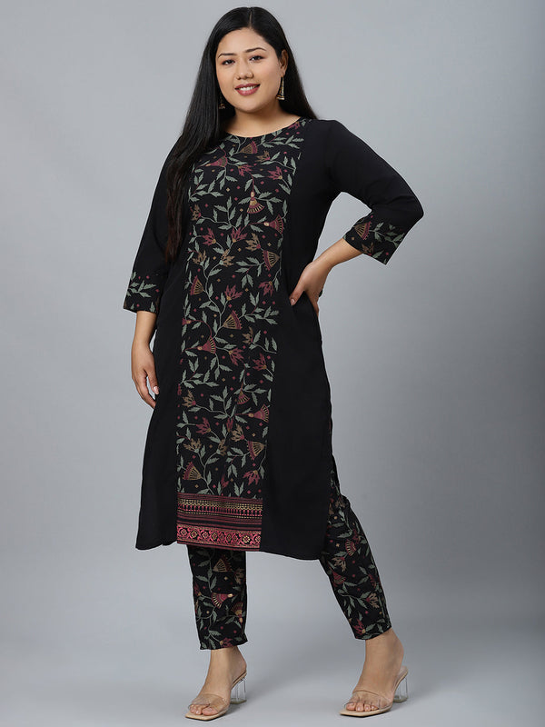 Women Black Printed Crepe Kurta With Pant by Ziyaa (2pcs Set)