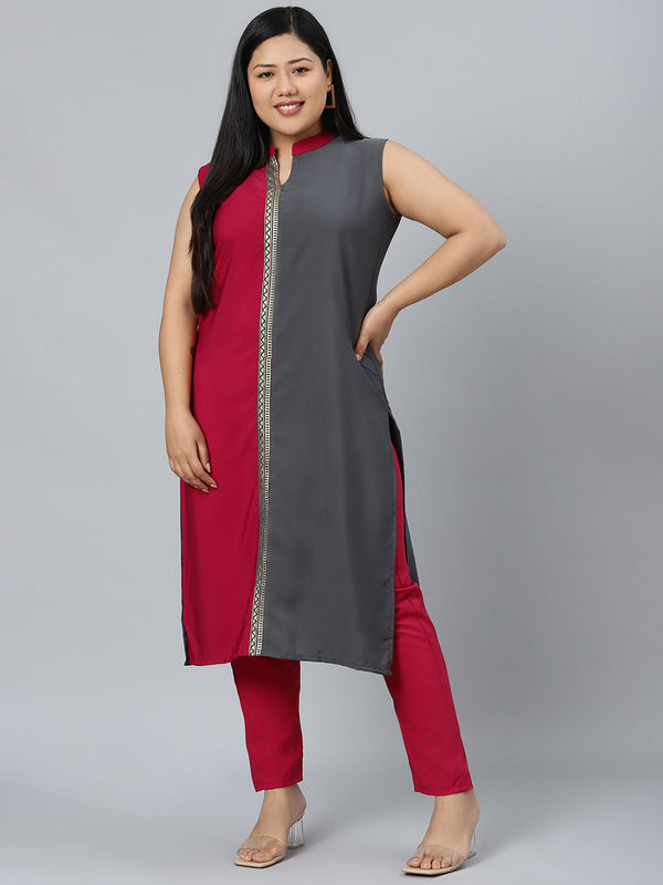 Women Red Crepe Kurta With Pant by Ziyaa (2pcs Set)