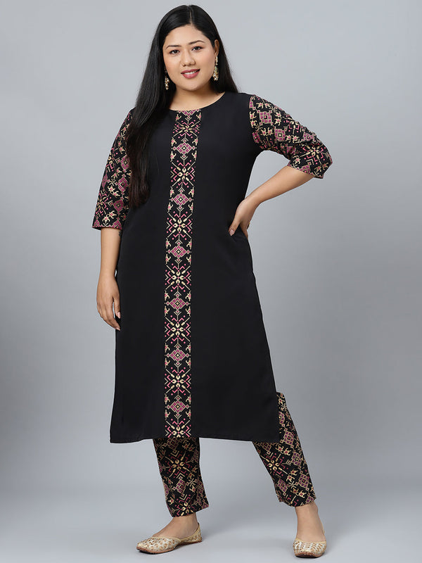 Women Black Crepe Kurta With Pant by Ziyaa (2pcs Set)