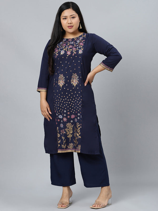 Women Navy Blue Crepe Kurta with Palazzo Set by Ziyaa (2 Pc Set)