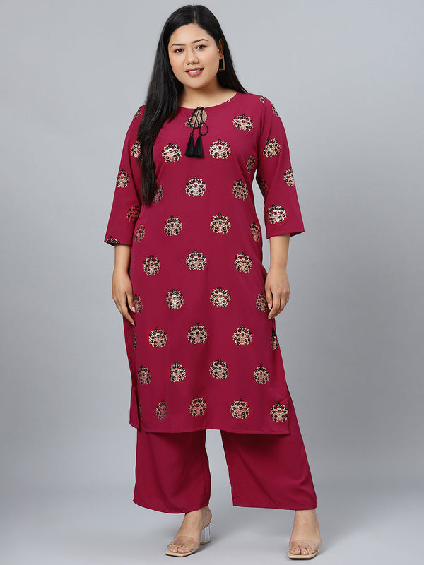 Women's Dark Pink Colour Foil Print Straight Crepe Kurta With Palazzo - Ziyaa