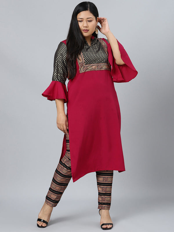 Women's Dark Pink Colour Foil Print Straight Crepe Kurta With Pant - Ziyaa