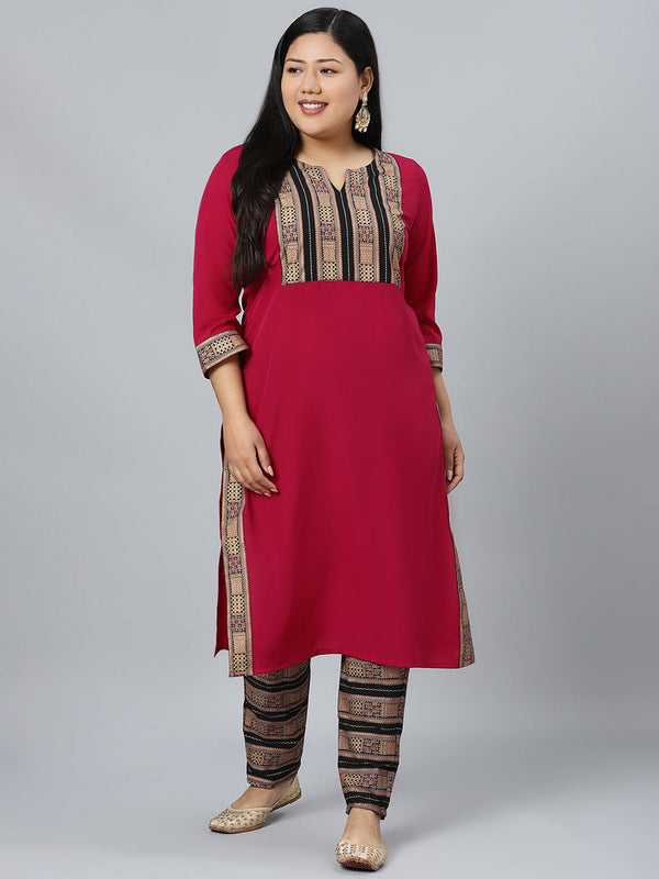 Women's Dark Pink Colour Foil Print Straight Crepe Kurta With Pant - Ziyaa