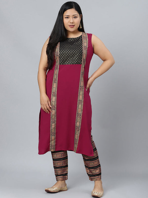 Women's Dark Pink Colour Foil Print Straight Crepe Kurta With Pant - Ziyaa