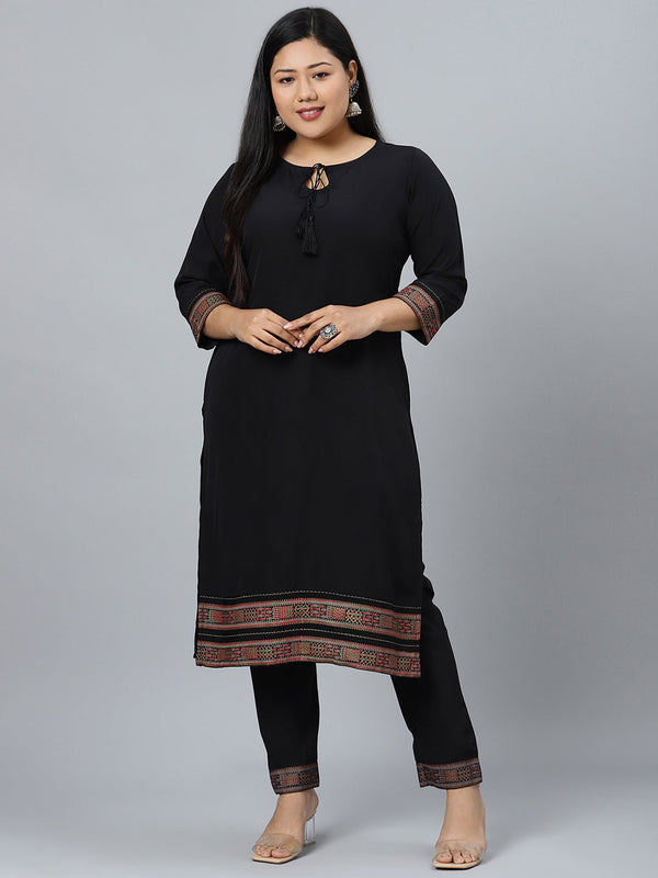 Women Black Straight Crepe Kurta with Pant Set by Ziyaa (2 Pc Set)