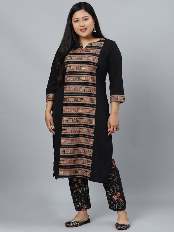 Women Black Printed Crepe Kurta with Pant by Ziyaa (2 Pc Set)