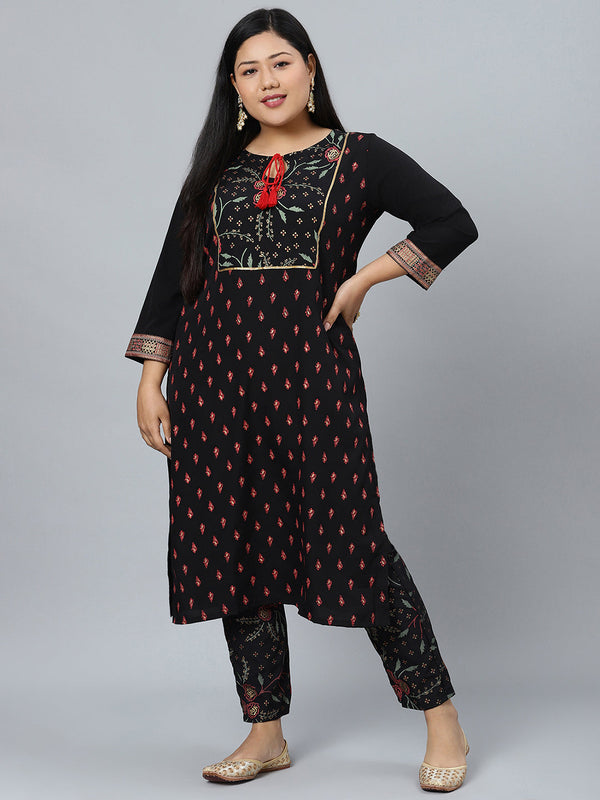 Women Black Crepe Printed Kurta with Pant Set  by Ziyaa (2 Pc Set)