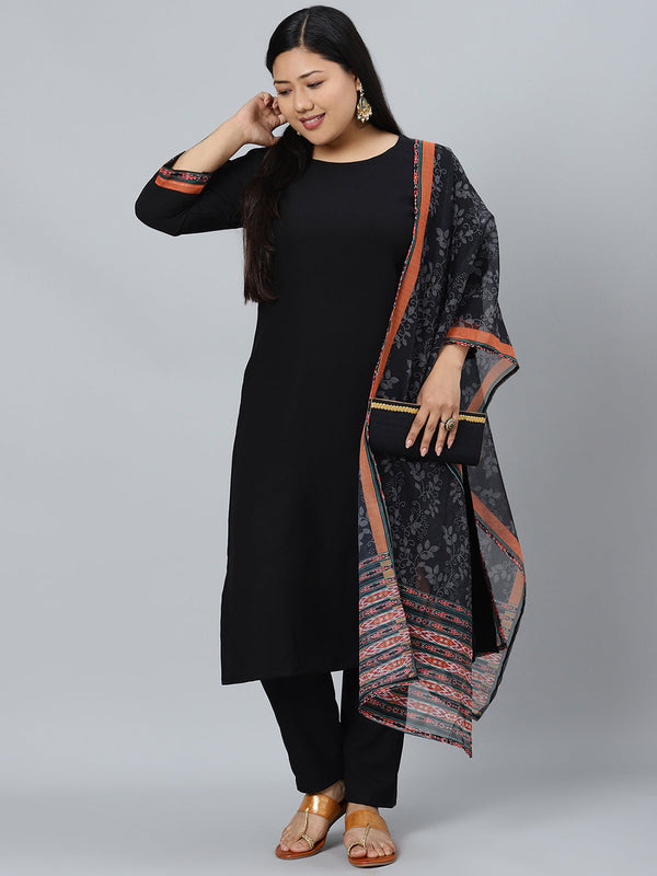 Women's Black Colour Dyed Straight Rayon Kurta, Pant With Dupatta / Kurta Set - Ziyaa