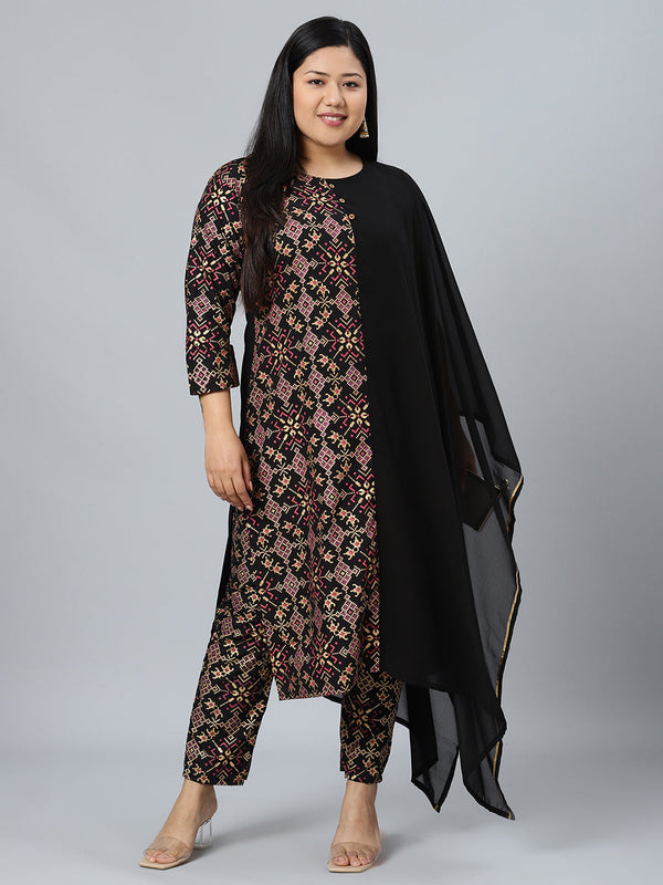 Women's Black Georgette Foil Printed Straight Kurta With Pant Set - Ziyaa