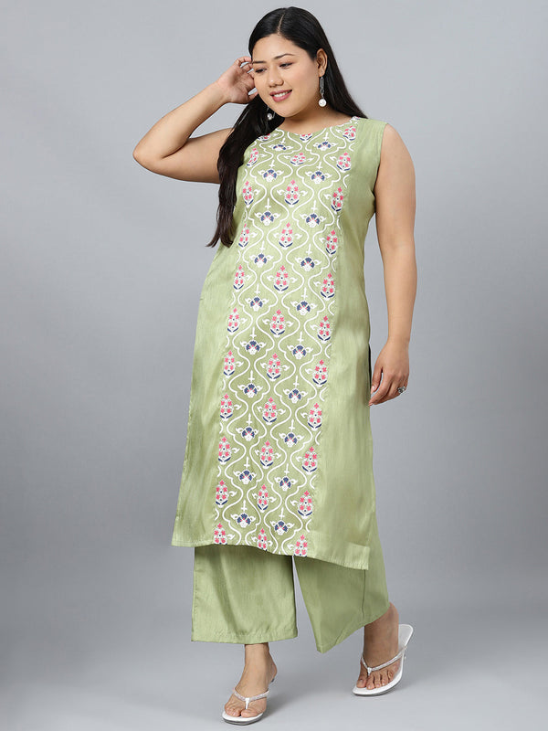 Women Green Printed Silk Kurta with Palazzo Set by Ziyaa (2 Pc Set)