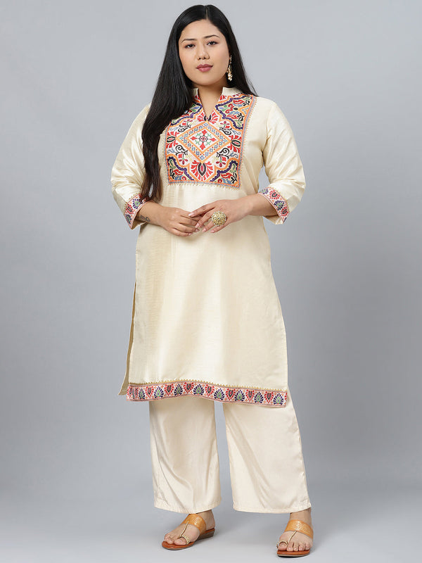 Women Cream Silk Kurta with Palazzo by Ziyaa (2 Pc Set)