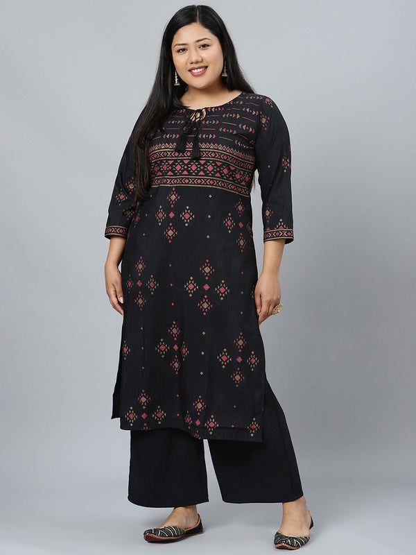 Women Printed Black Silk Kurta with Palazzo by Ziyaa (2 Pc Set)