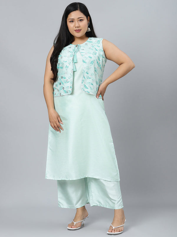 Women Mint Green Silk Kurta with Palazzo Set by Ziyaa (3 Pc Set)