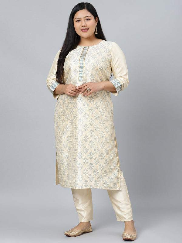 Women's Cream Poly Silk Kurta With Pant Set by Ziyaa- (2pcs set)