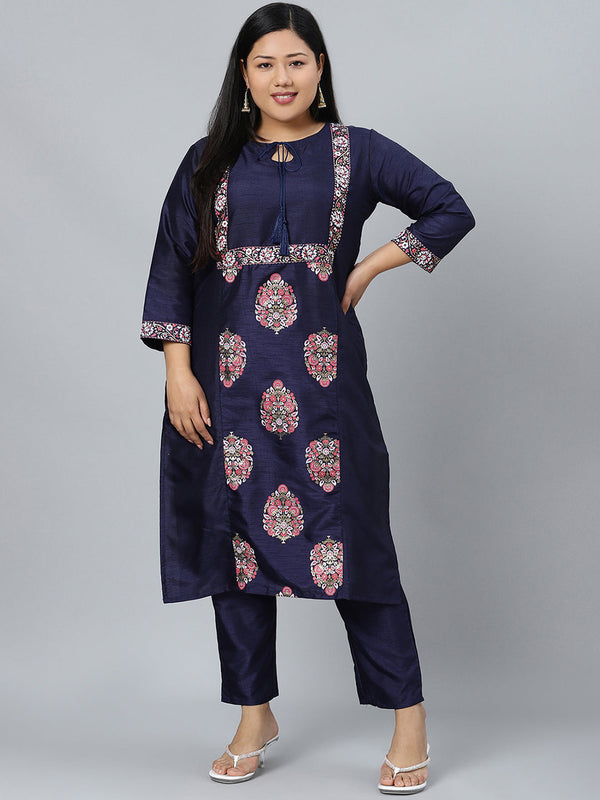 Women's Navy Blue Kurta With Pant Set by Ziyaa- (2pcs set)