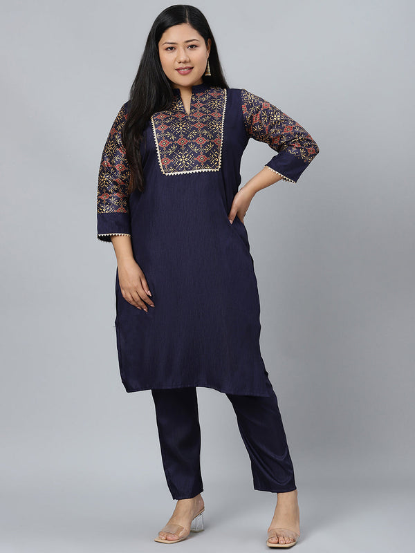 Women's Navy Blue Printed Kurta With Pant Set by Ziyaa- (2pcs set)