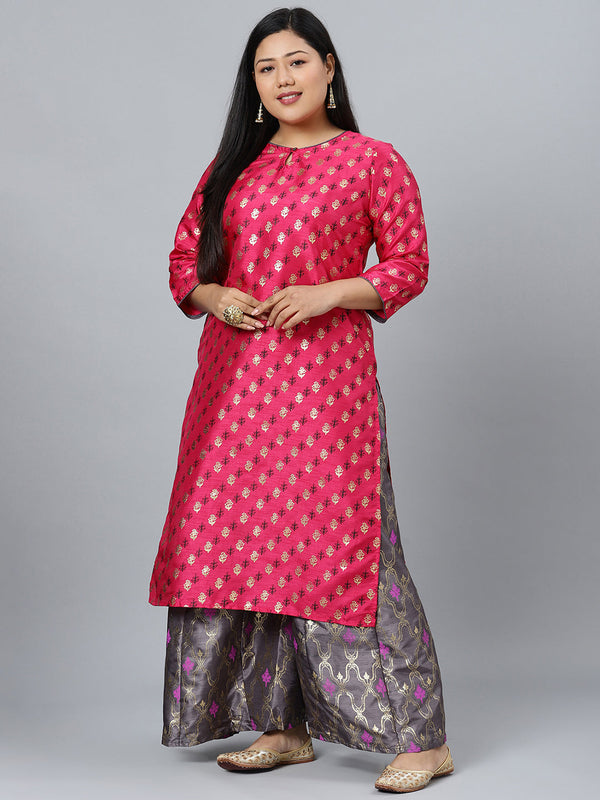 Women's Pink Printed Kurta With Palazzo Set by Ziyaa- (2pcs set)