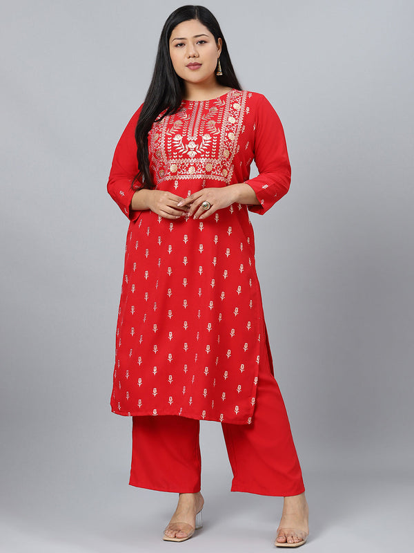 Women's Red Khadi Print Rayon Kurta With Palazzo by Ziyaa- (2pcs set)